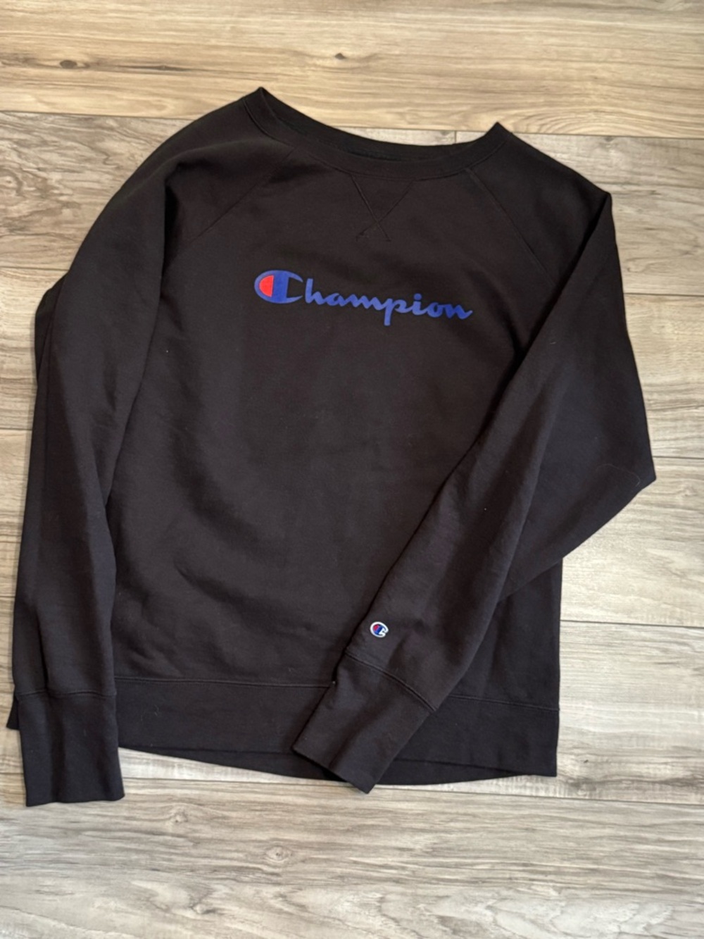 Champion Men's Black Crewneck with Blue & Red Logo